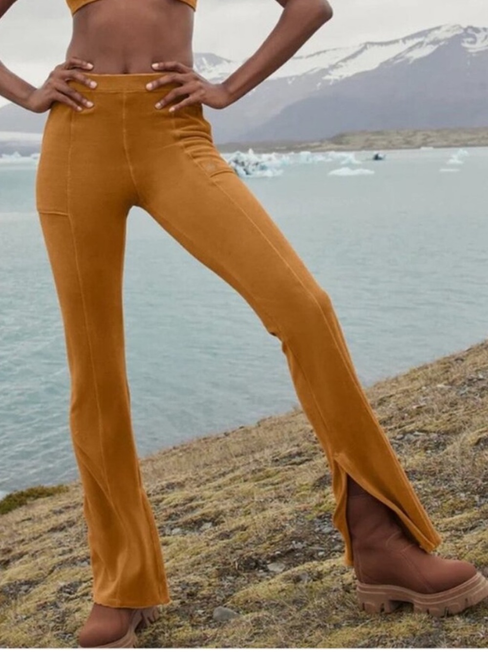 Alo Yoga Pants Winter Break Flare in Micro Corduroy Toffee Tan